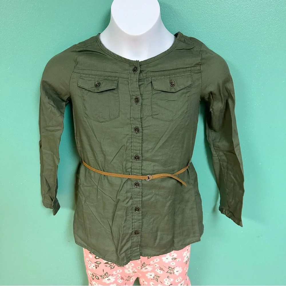 Carters Olive Green & Pink Floral Button Down Top & Leggings Set Girls Size 6X